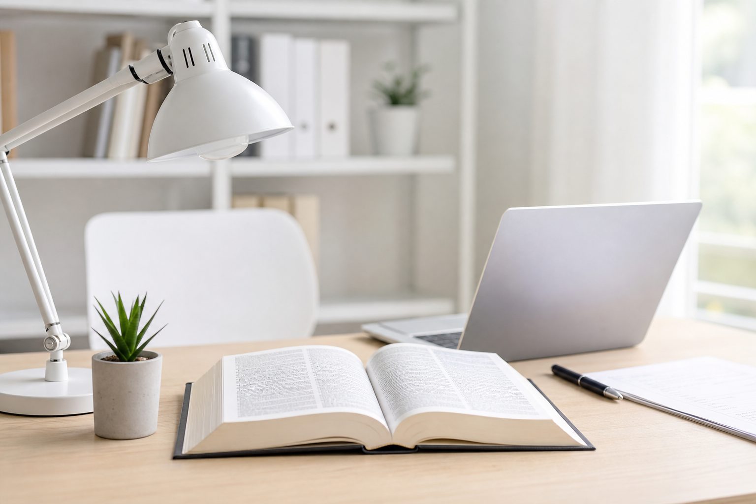 Uomo seduto alla scrivania legge con attenzione un libro aperto davanti allo schermo