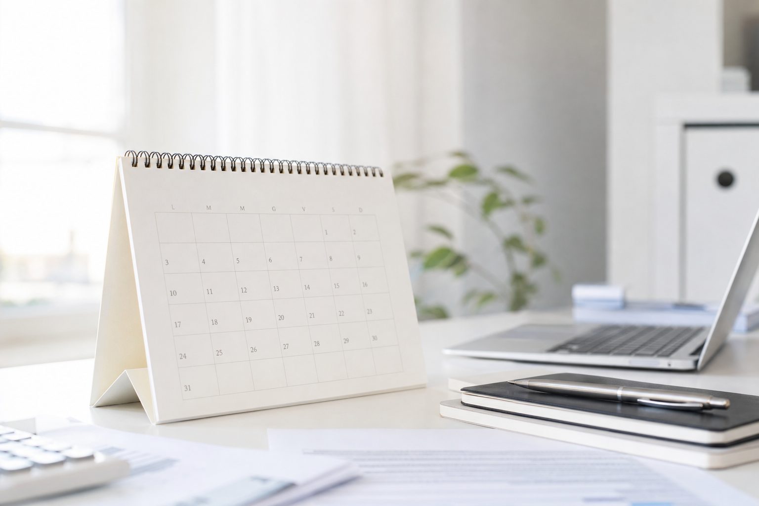 Calendario bianco appeso a una rastrelliera di legno chiaro con le pagine dei mesi